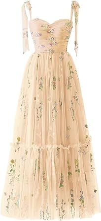 Sevintage Flower Embroidered Tulle Prom Dresses Spaghetti Straps Tea Length Formal Cocktail Party Gown at Amazon Women’s Clothing store