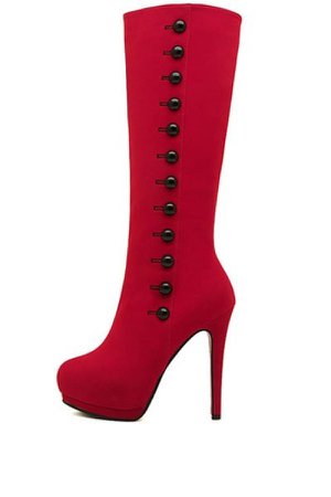 MayKool Red Suede Button Decor Stiletto Heel Knee High Boots