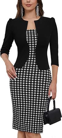 HOMEYEE Women's Vintage Work Style Contrast Color Printed Business Pencil Dress B237(M, Houndstooth) at Amazon Women’s Clothing store