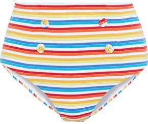 Button-embellished Striped High-rise Bikini Briefs
