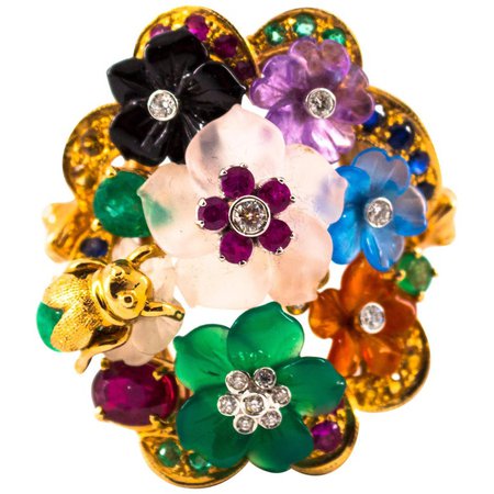 Art Nouveau Diamond Emerald Ruby Sapphire Amethyst Agate Cocktail “Flowers” Ring