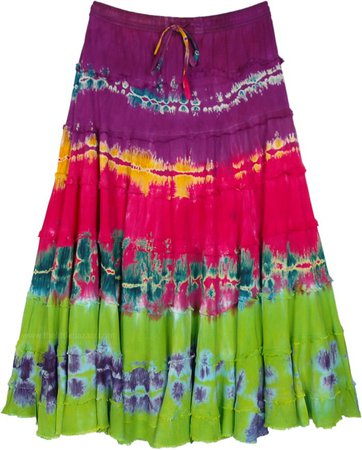 Tie Dye Cocktail Tiered Rayon Multicolored Skirt | Multicoloured | Tiered-Skirt, Vacation, Beach, Tie-Dye