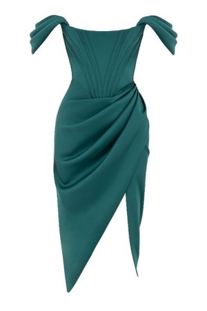 Clothing : Bodycon Dresses : 'Loretta' Green Satin Off Shoulder Dress