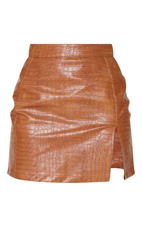 Tan Croc Vinyl Seam Detail Mini Skirt | PrettyLittleThing USA