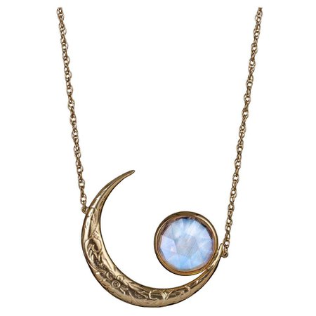 Yellow Gold Moonstone Crescent Moon Engraved Necklace