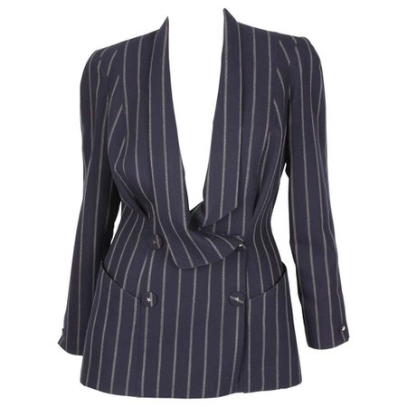 Vintage Thierry Mugler Double Breasted Jacket - dark blue/grey For Sale at 1stdibs