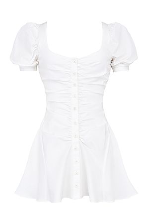Clothing : Mini Dresses : 'Hameda' White Puff Sleeve Mini Dress