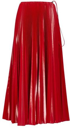 High Rise Pleated Satin Midi Skirt - Womens - Red