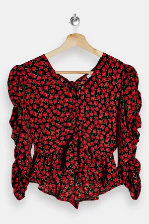 Red Rose Print Ruched Sleeve Blouse | Topshop