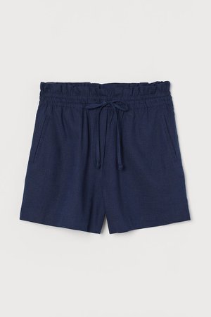 Linen-blend Shorts High Waist - Blue