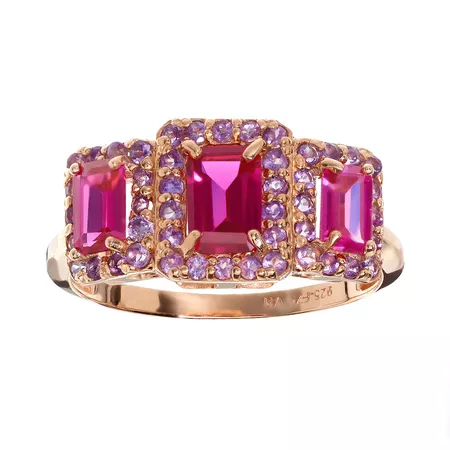 Lab-Created Ruby & Amethyst 14k Rose Gold Over Silver Rectangle Halo Ring