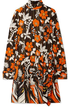 Prada | Appliquéd pleated floral-print jersey mini dress | NET-A-PORTER.COM