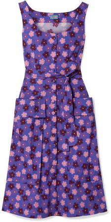 LHD - Ramatuelle Belted Floral-print Cotton-blend Poplin Dress - Purple