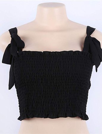 KAMISSY Women's Frill Smocked Cop Tank Top Tie Shoulder Strap Vest, Black, Medium at Amazon Women’s Clothing store