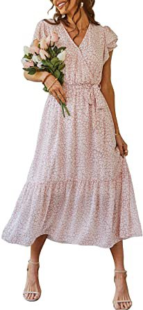 PRETTYGARDEN Women's Floral Summer Dress Wrap V Neck Short Sleeve Belted Ruffle Hem A-Line Bohemian Maxi Dresses at Amazon Women’s Clothing store