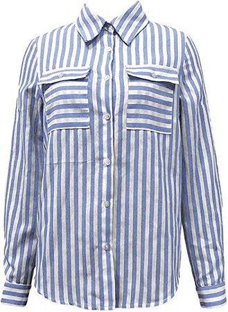 Women's V Neck Blouses Tops with Pockets Vertical Stripes Button Down Shirt Long Sleeve Single Breasted Shirts (Light Blue,Large) at Amazon Women’s Clothing store