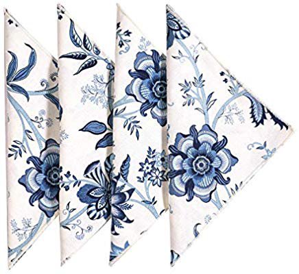 Amazon.com: Cloth Napkins Table Linens Dinner Napkins 18"x18" White & Blue Cotton Floral Fabric Set of 4: Kitchen & Dining