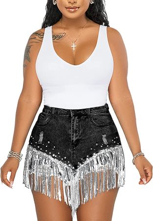 CYLADY Women's Denim Shorts Tassel Fringe Hem High Waisted Ripped Distressed Jean Shorts at Amazon Women’s Clothing store
