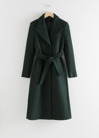 Herringbone Long Belted Coat - Dark Green - Woolcoats - & Other Stories
