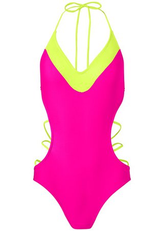 Color Block Monokini Swimsuit in Electric Pink & Neon Yellow | VENUS