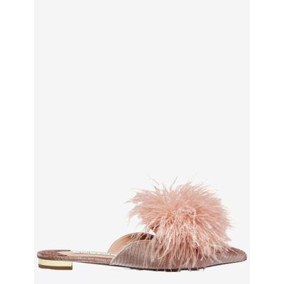Shop Now For The Boudoir Velvet Feathered Flat Mules - Pink - Aquazzura Heels | AccuWeather Shop