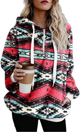 Amazon.com: chouyatou Women's Warm Half Zip Tribal Aztec Printed Hooded Fuzzy Fleece Hoodie Sweatshirt (Large, White) : Clothing, Shoes & Jewelry