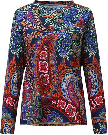 Behkiuoda Women Long Sleeve Blouse Top Sweatshirt Casual Round Neck Top Blouse Vintage Print Pullover Top Shirt at Amazon Women’s Clothing store