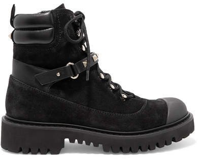 Garavani Rockstud Leather-trimmed Suede Ankle Boots - Black