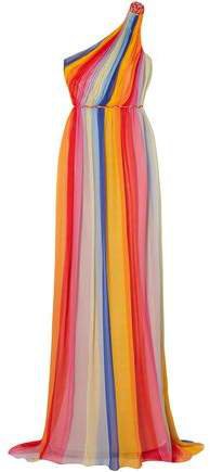 One-shoulder Striped Pleated Silk-tulle Gown