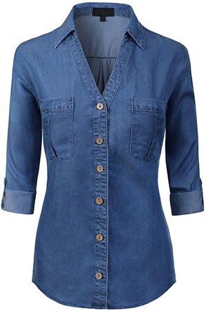 Amazon.com: MixMatchy Women's Long Sleeve Denim V-Neck Tencel Button Down Shirt Medium Denim S: Clothing