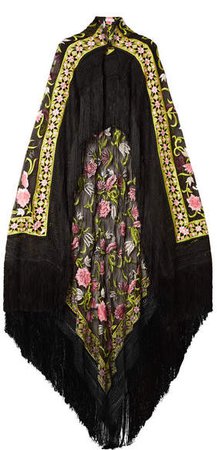 Fringed Embroidered Chiffon Cape - Black