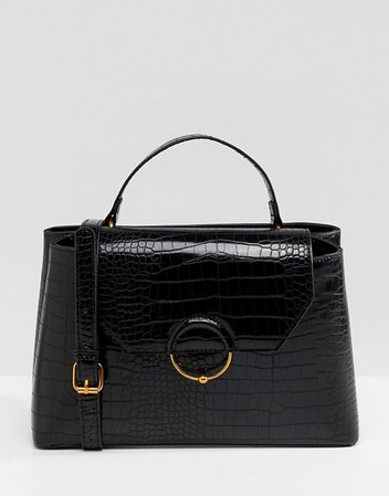 ASOS DESIGN croc city bag with ring ball detail in black | ASOS