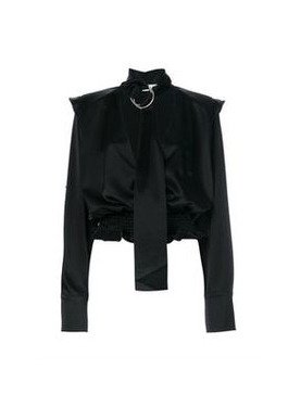 Satin Black Long Sleeved Shirt with Bow