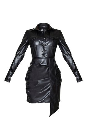 Black Pu Long Sleeve Drape Button Up Dress | PrettyLittleThing