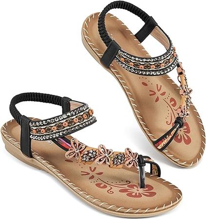 Amazon.com | Ablanczoom Womens Sandals Flats Shoes: Comfortable Bohemian Beaded Dressy Summer Flat Casual Ankle Strap Elastic Slip on Beach Sandal | Flats