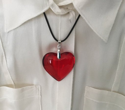 Red Heart Necklace Big Red Glass Heart Pendant Puff Charm - Etsy