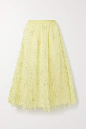 Glittered Polka-dot Pleated Tulle Midi Skirt - Pastel yellow