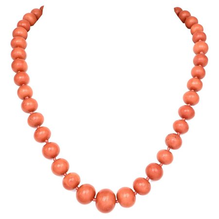 Vintage Natural Red Coral 18K Gold Graduated Bead Necklace