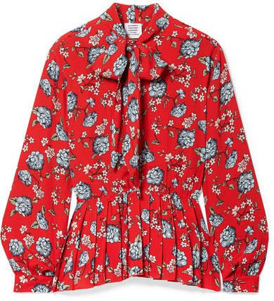 Pussy-bow Pleated Floral-print Crepe Blouse - Red