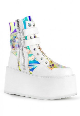 White and Holographic Damned-115 Ankle Boots | Festival and Rave Unicorn Boots