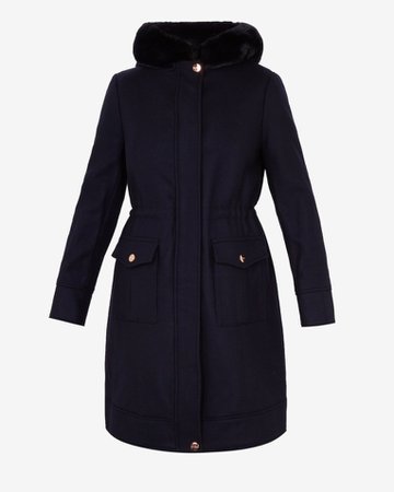 Faux fur hooded wool parka - Dark Blue | Jackets and Coats | Ted Baker UK
