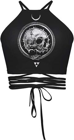 Sister Amy Women's Halter Cross Hollow Boho Bandage Tank Camis Crop Top Vest B-Halloween Skull-1 One Size