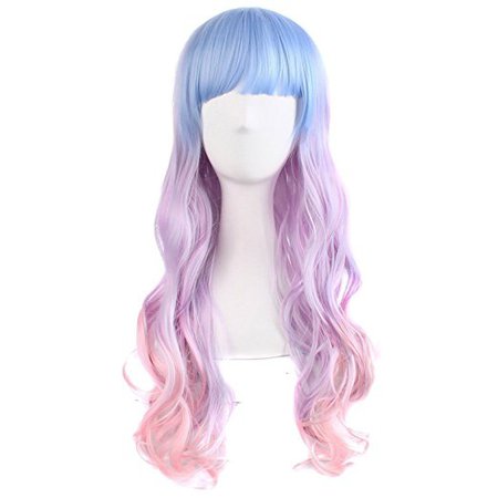 MapofBeauty 28" Wavy Multi-Color Lolita Cosplay Wig Party Wig (Light Blue/ Light Purple/ Pink)