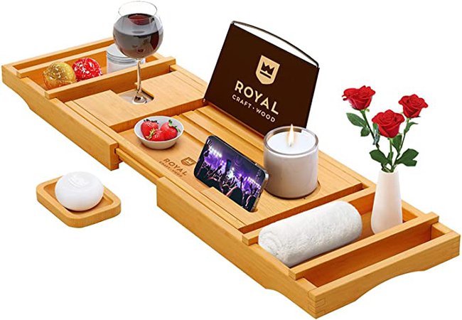 Amazon.com: Luxury Bathtub Caddy Tray, 1 or 2 Person Bath and Bed Tray, Bath Tub Table Caddy with Extending Sides - Free Soap Dish (Natural) : Home & Kitchen