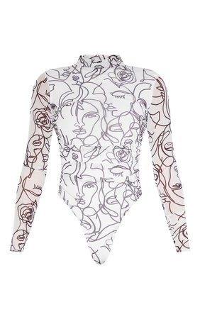 White Faces Printed Mesh High Neck Bodysuit | PrettyLittleThing USA