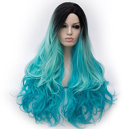 Alacos Synthetic 75CM Long Curly Rainbow Color Black Light Blue Turquoise Ombre Halloween Costumes Cosplay Harajuku Wigs for Women Lady Girl +Free Wig Cap