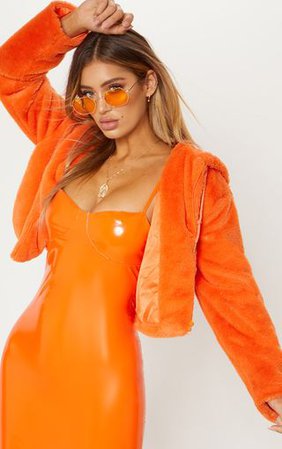 Orange Cropped Faux Fur Jacket With Hood | PrettyLittleThing