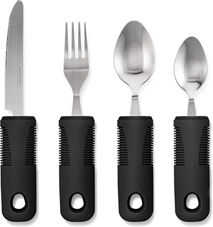 Amazon.com: Adaptive Utensils (4-Piece Kitchen Set) Wide, Non-Weighted, Non-Slip Handles for Hand Tremors, Arthritis, Parkinson’s or Elderly use | Stainless Steel Knife, Fork, Spoons (Black - 1 Set): Health & Personal Care
