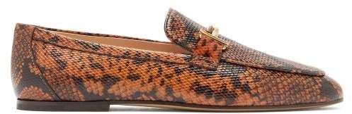 Double T Bar Python Effect Leather Loafers - Womens - Brown Multi