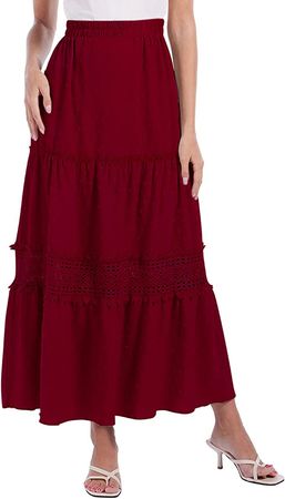 Amazon.com: Women's Boho Elastic High Waist A Line Ruffle Swing Beach Maxi Skirt Wine Red 2XL : Clothing, Shoes & Jewelry